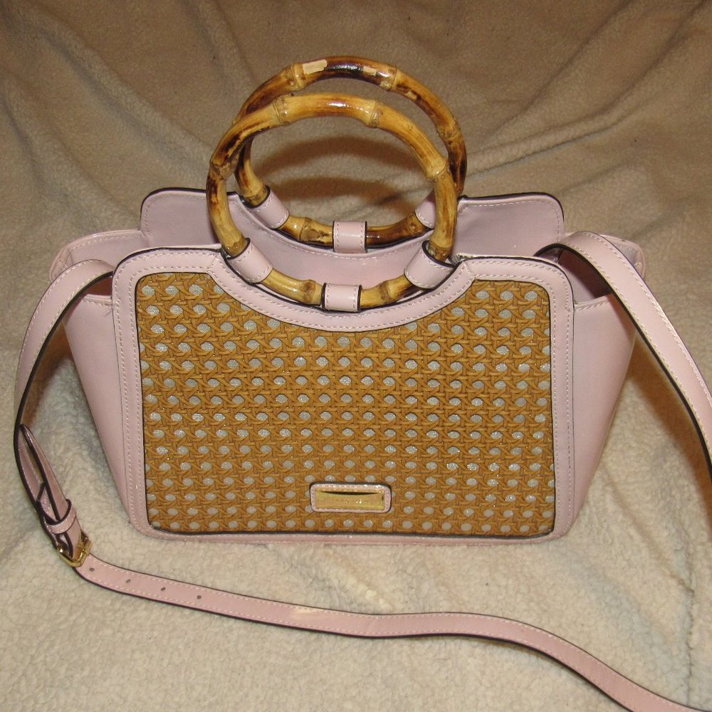 Anne Klein Pink Patent Leather Purse Woven Handles/Adjustable Strap